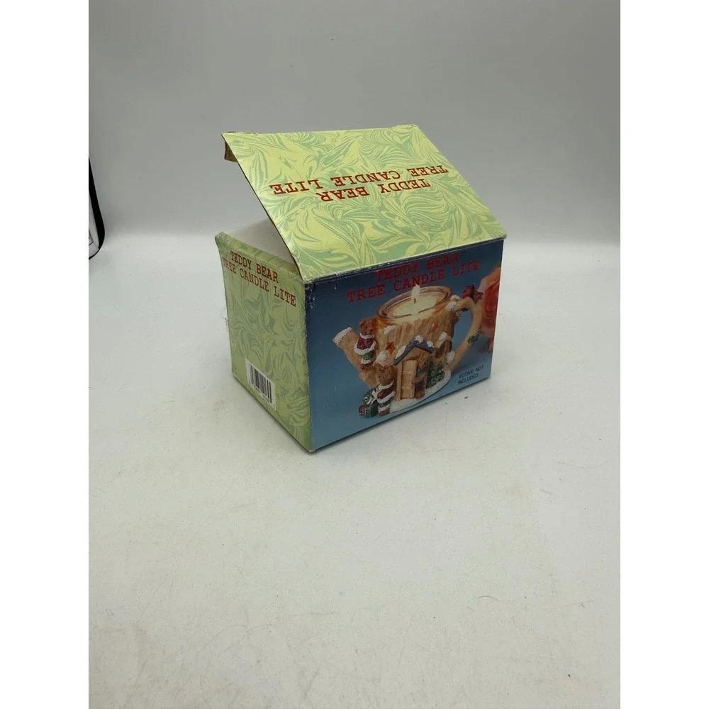Vintage Christmas Teddy Bear Tree Stump Teapot Votive Candle Holder Resin Decor